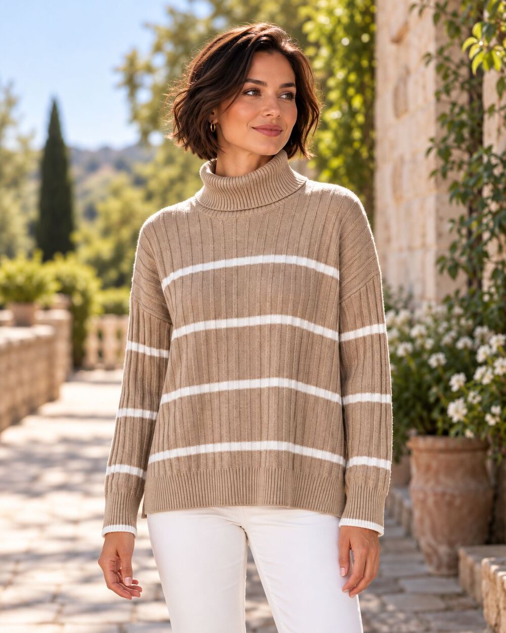 Calvin Klein Womens Large Tan Ivory Striped Ribbed Turtleneck Sweater Pullover